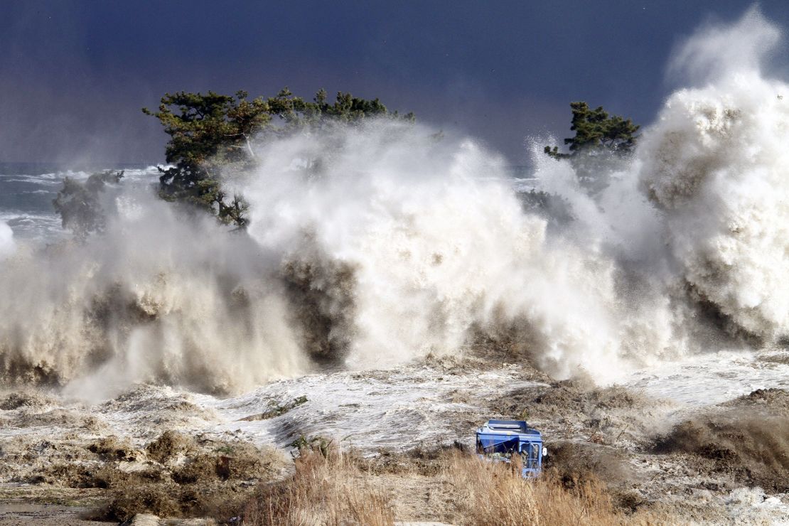 Tsunami waves hit the coast of Minamisoma, Japan, in 2011.