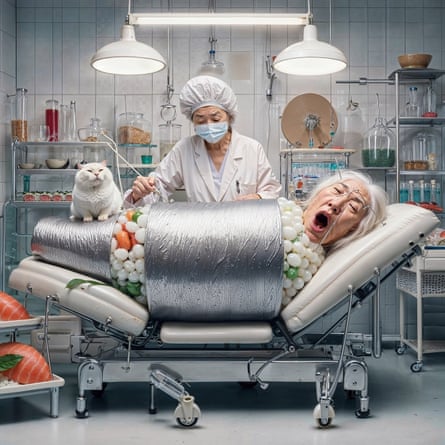 An old Asian woman lies with mouth agape on a treatment bed. She is partly wrapped in metallic material and what looks like small balloons. A cat sits on her. Another woman in a surgical mask carries out some procedure on her.