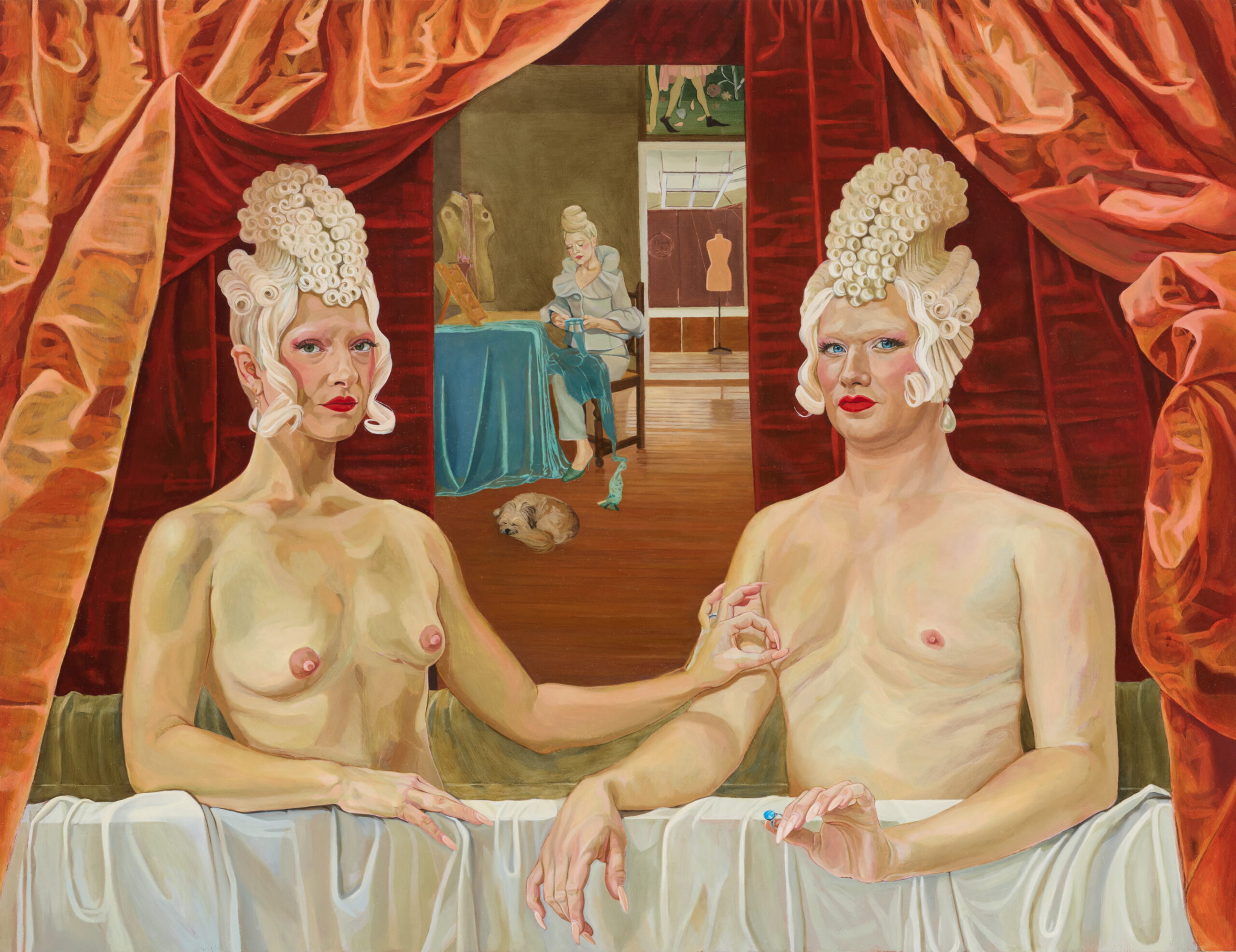 Painting of fashion duo Nicol and Ford - they are topless with one of the subjects pinching the nipple of the other