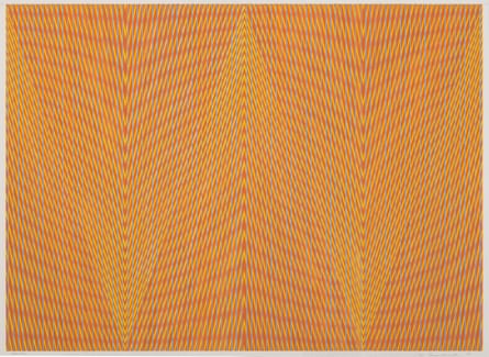 Abstract artwork of yellow and orange lines that form triangular shapes