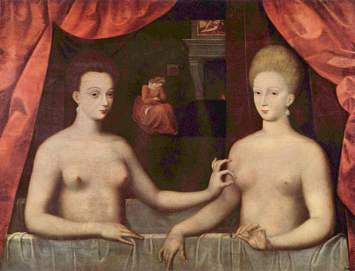 Historic painting featuring two female figures sitting next to each other, one pinching the other's nipple