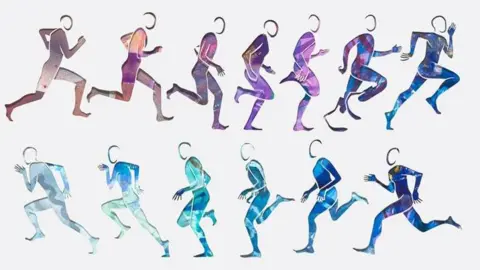 Annabel Eyres A card artwork with cut-out silhouettes of figures running. There are blue and purple colours behind the images.