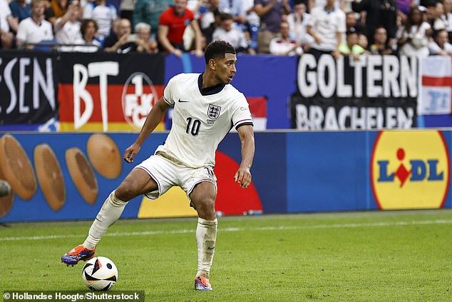 Lidl, which is one of the sponsors of Euro 2024, will open its stores one hour late on Monday. Pictured: England's Jude Bellingham in front of a Lidl advert in the Slovakia match on June 30