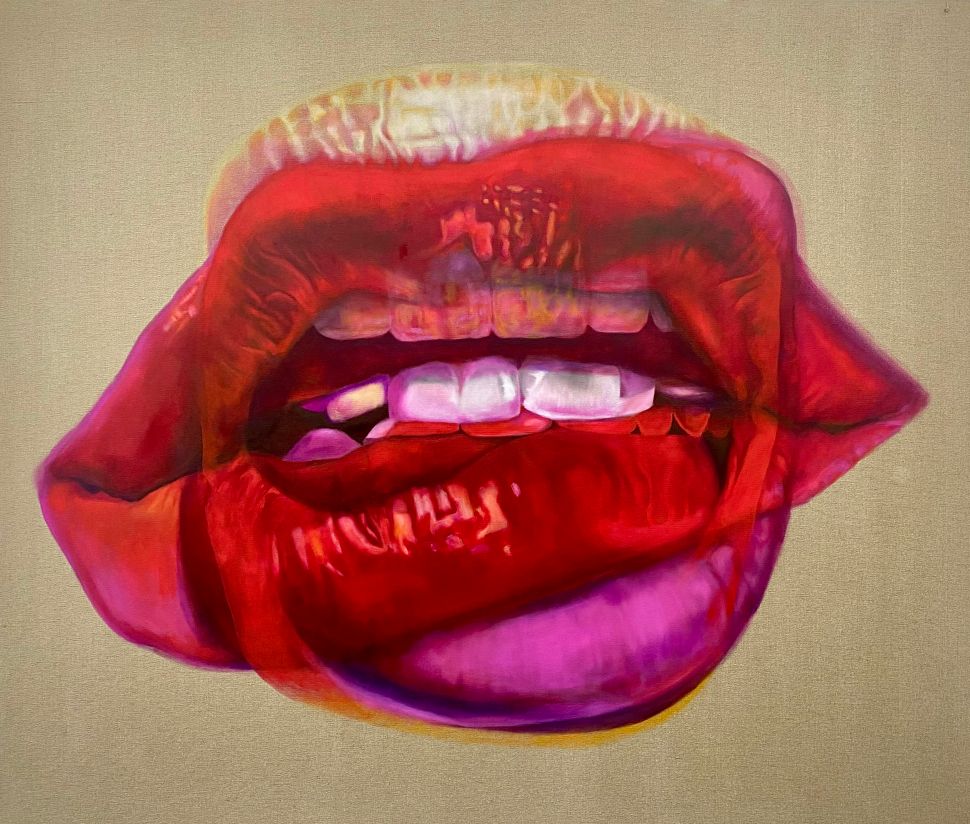 A painting of two pairs of lips superimposed in different expressions