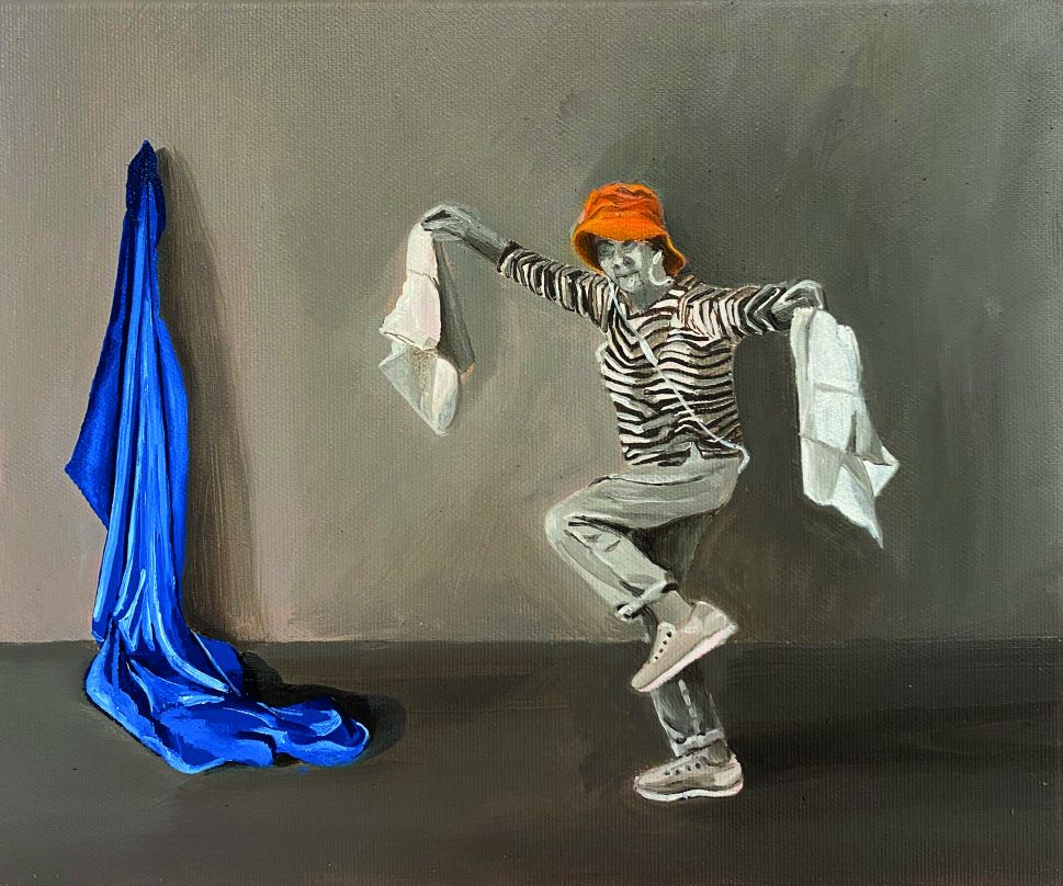 A painting of a dancer in an orange hat holding scarves