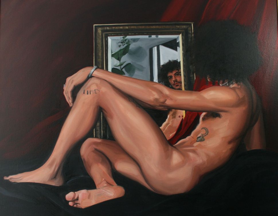 A painting of a nude reclining in front of a mirror