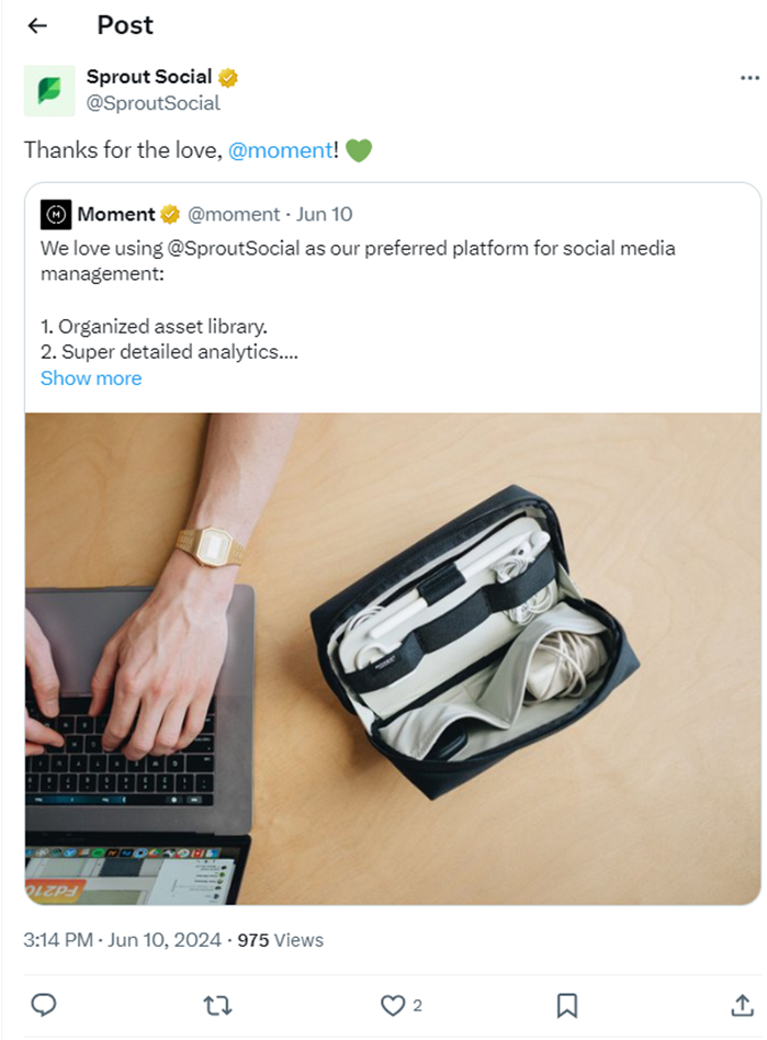 A social post announcing Sprout as a preferred platform by a customer.