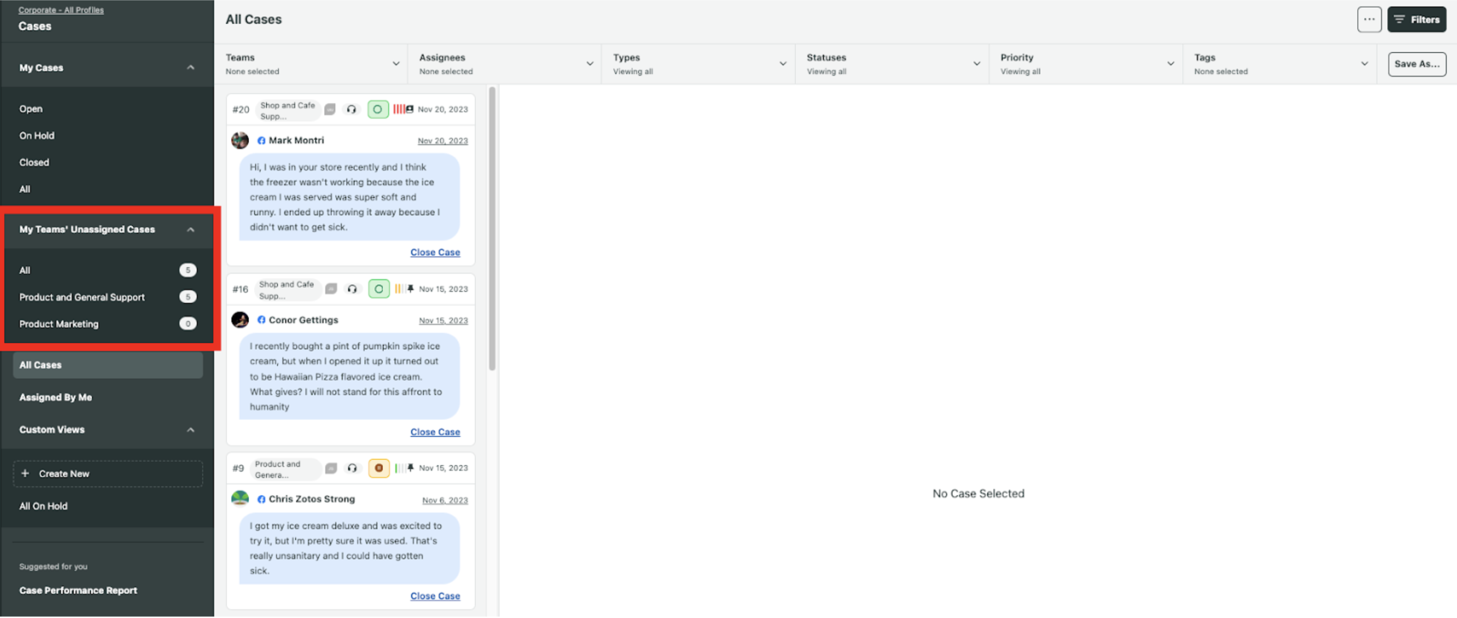 Sprout’s Case Management dashboard with filters like teams, assignees and statuses. 