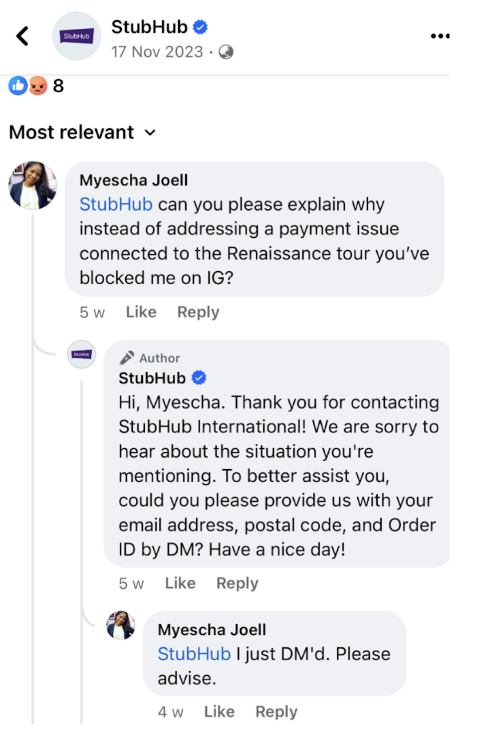 A comment thread on Facebook showing StubHub resolving a customer’s issues. 