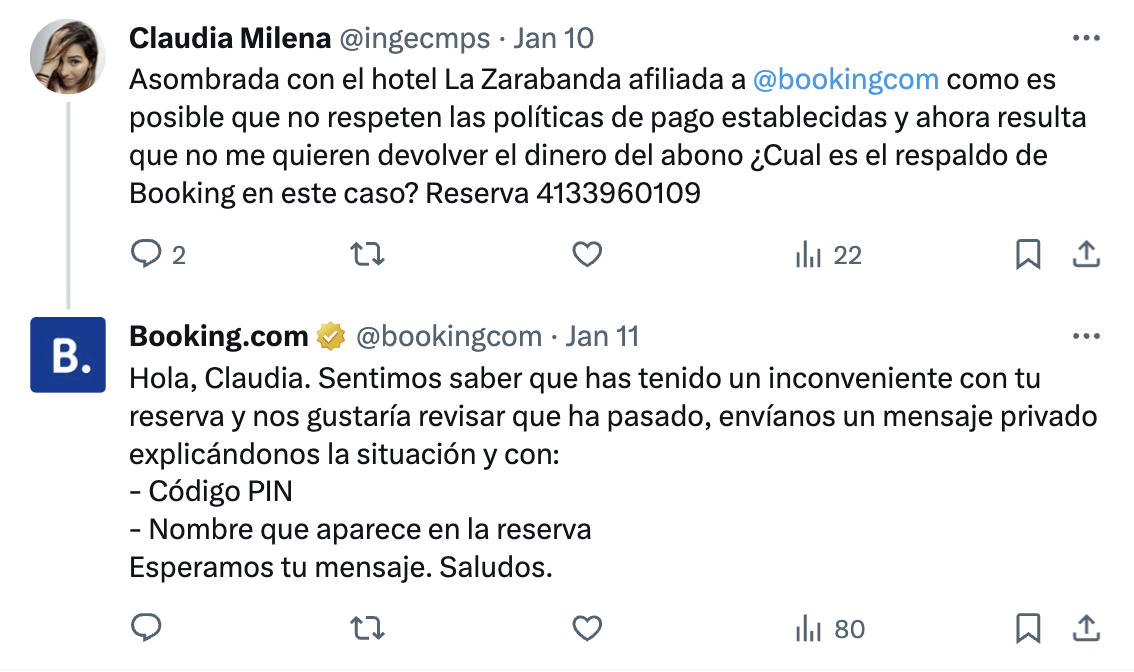 A post X showcasing a customer complaint and Booking.com’s response in another language.