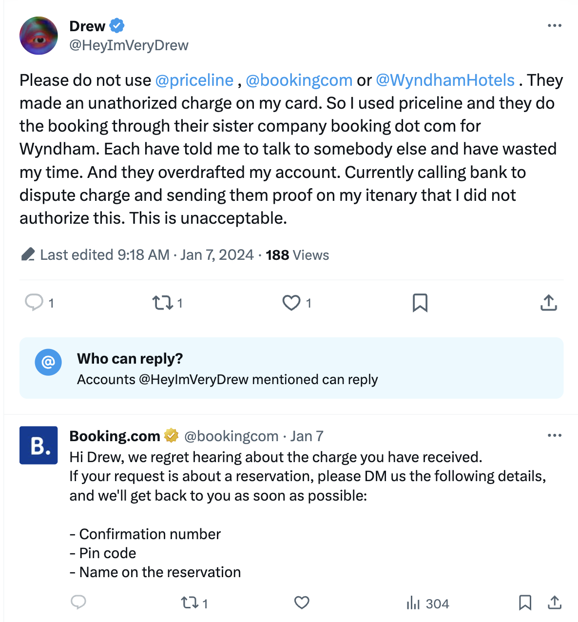 A post on X showcasing a Booking.com customer complaint and the brand’s response in trying to solve the issue.