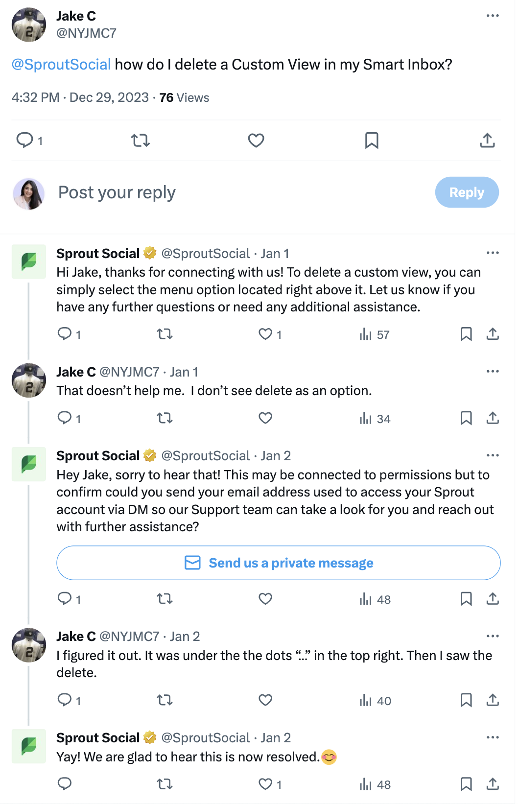 A post on X showcasing Sprout Social responding to a customer’s questions.