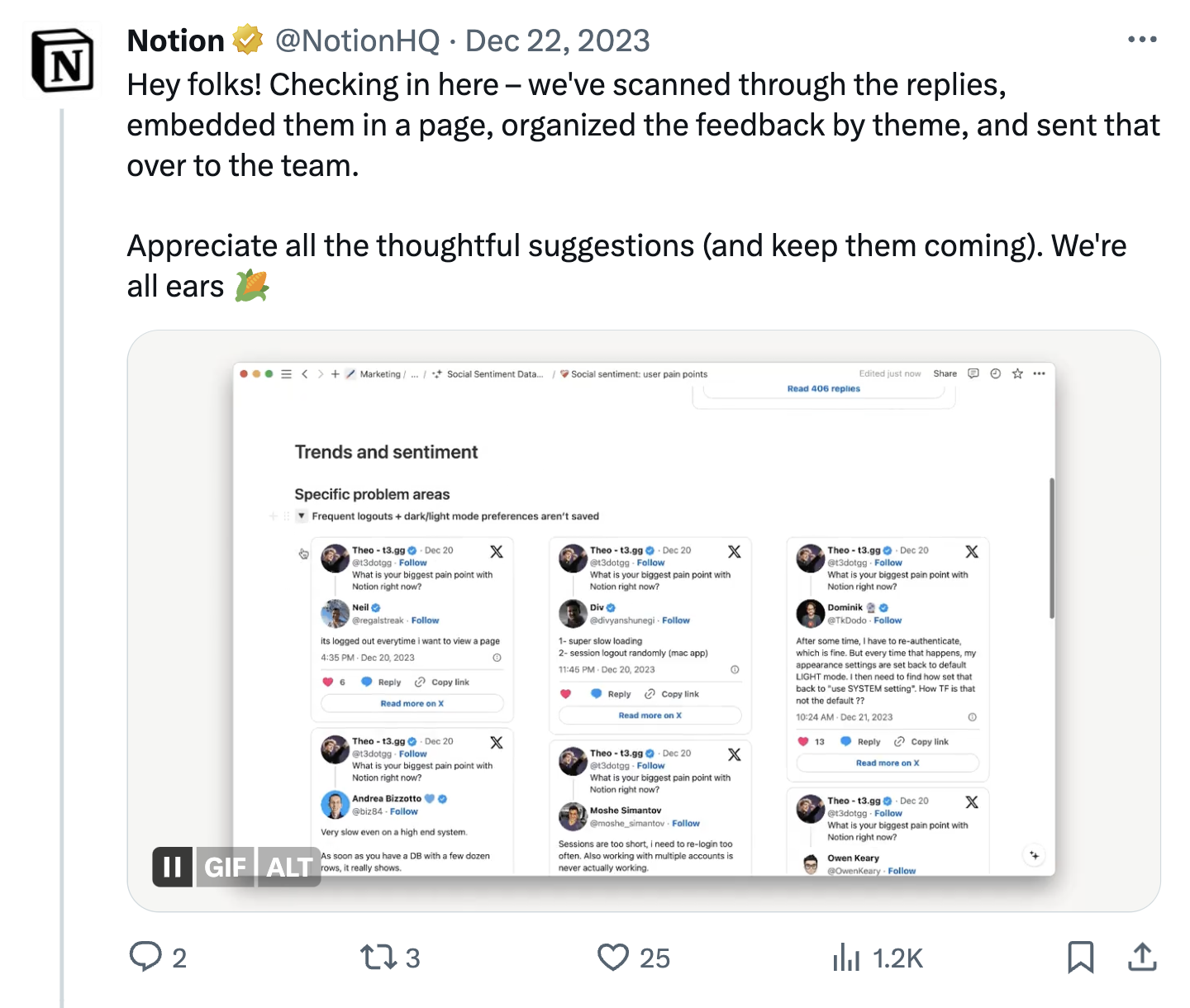 A post showcasing Notion’s reply aggregating customer feedback on the thread. 