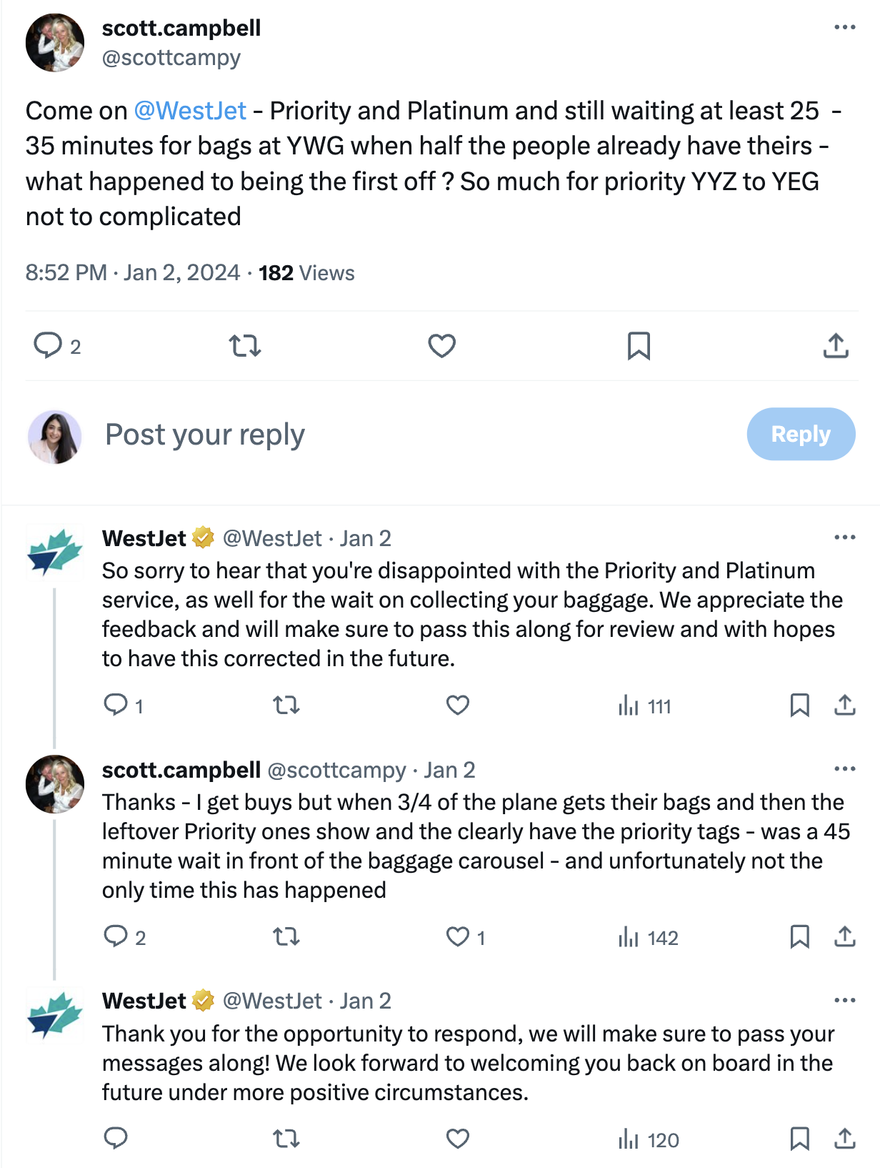 WestJet airline received a post from a customer who complained that despite being promised priority service, they ended up waiting an extended period for their baggage.