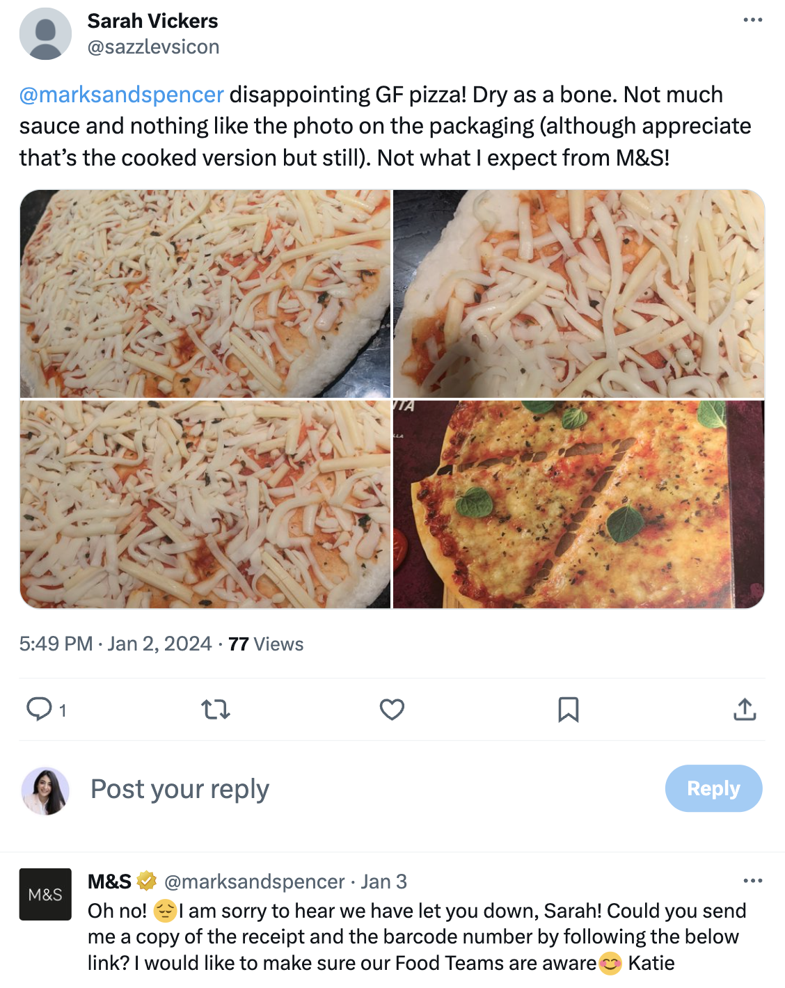 A complaint regarding one of their pizzas, where M&S starts with “Oh no!” and adds emojis to express empathy and lighten the mood.