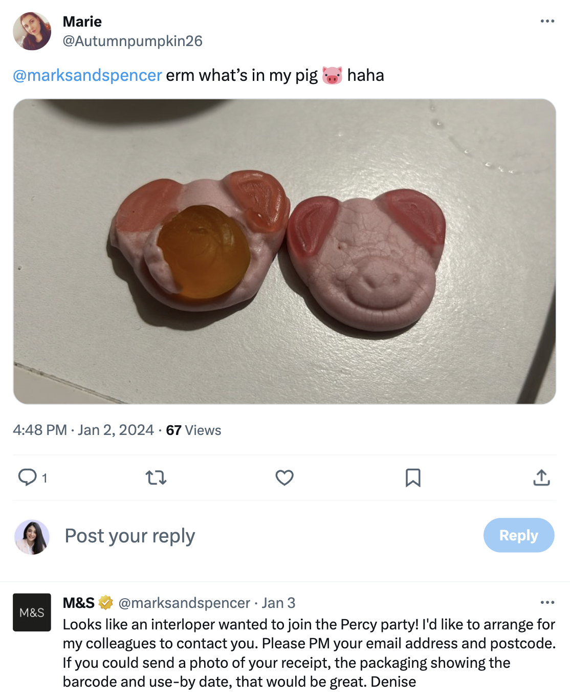 A post X showcasing a customer complaint regarding Mark’s and Spencer’s jelly and the brand’s response.