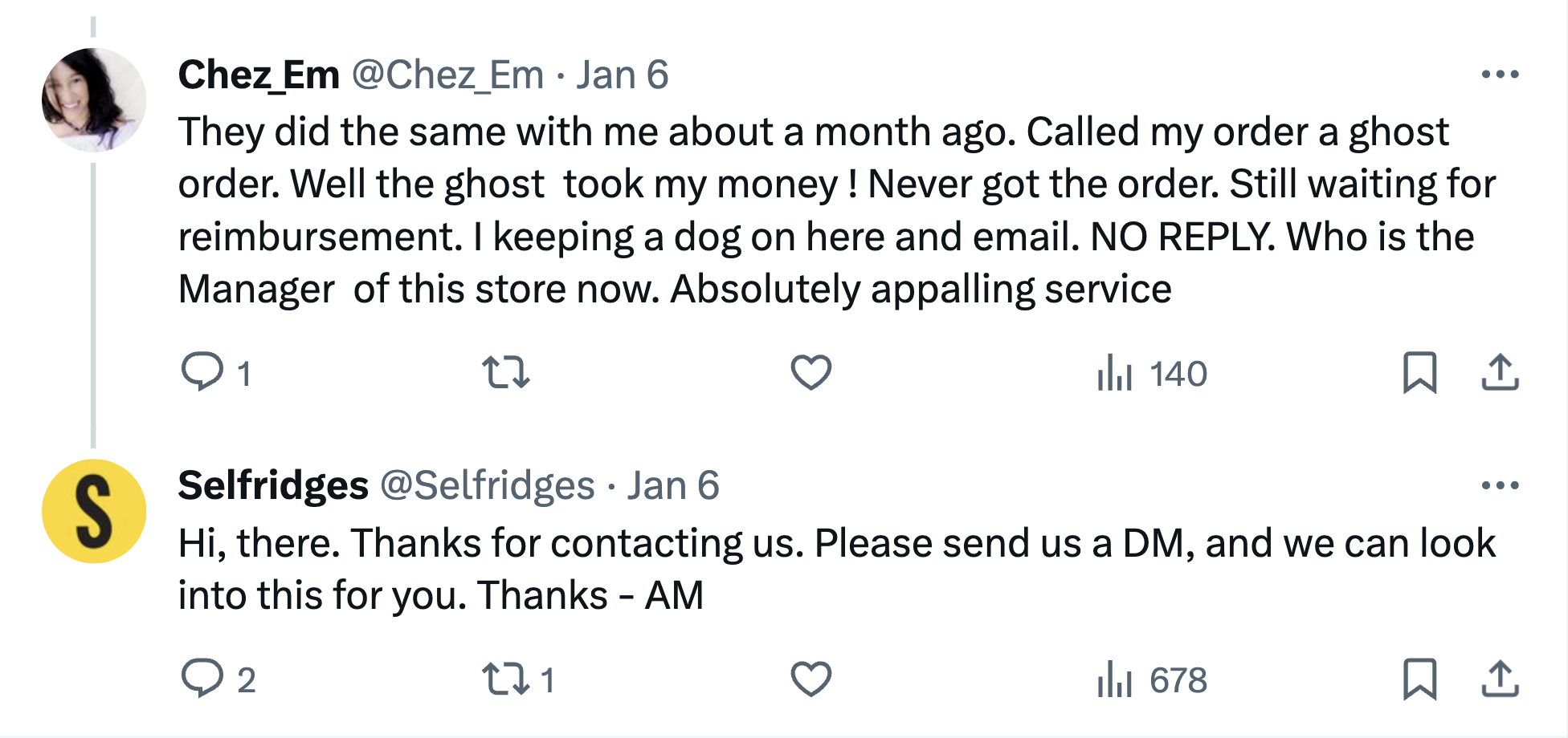 Two posts on X showcasing Selfridges’ consistent replies to customer complaints. 