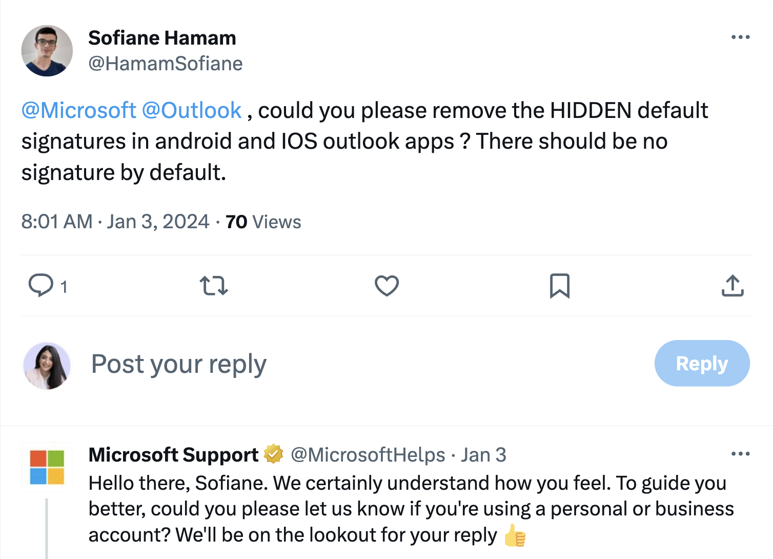 A post on X showcasing Microsoft Support’s reply to a customer complaint. 