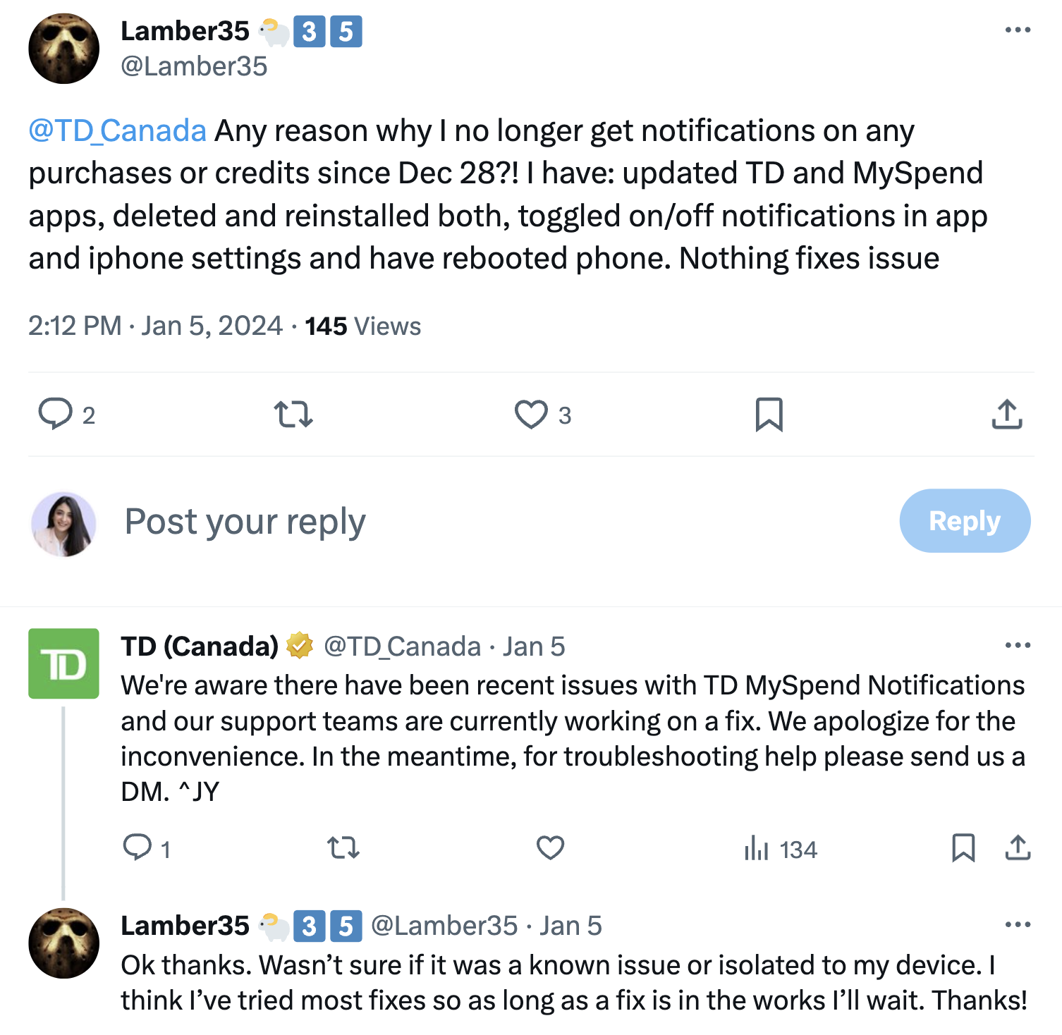 A post on X showcasing TD Canada’s reply to a customer complaint. 