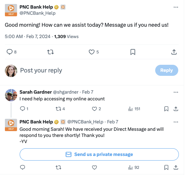 An X post from @PNCBank_Help asking customers to reach out if they're in need of assistance. 