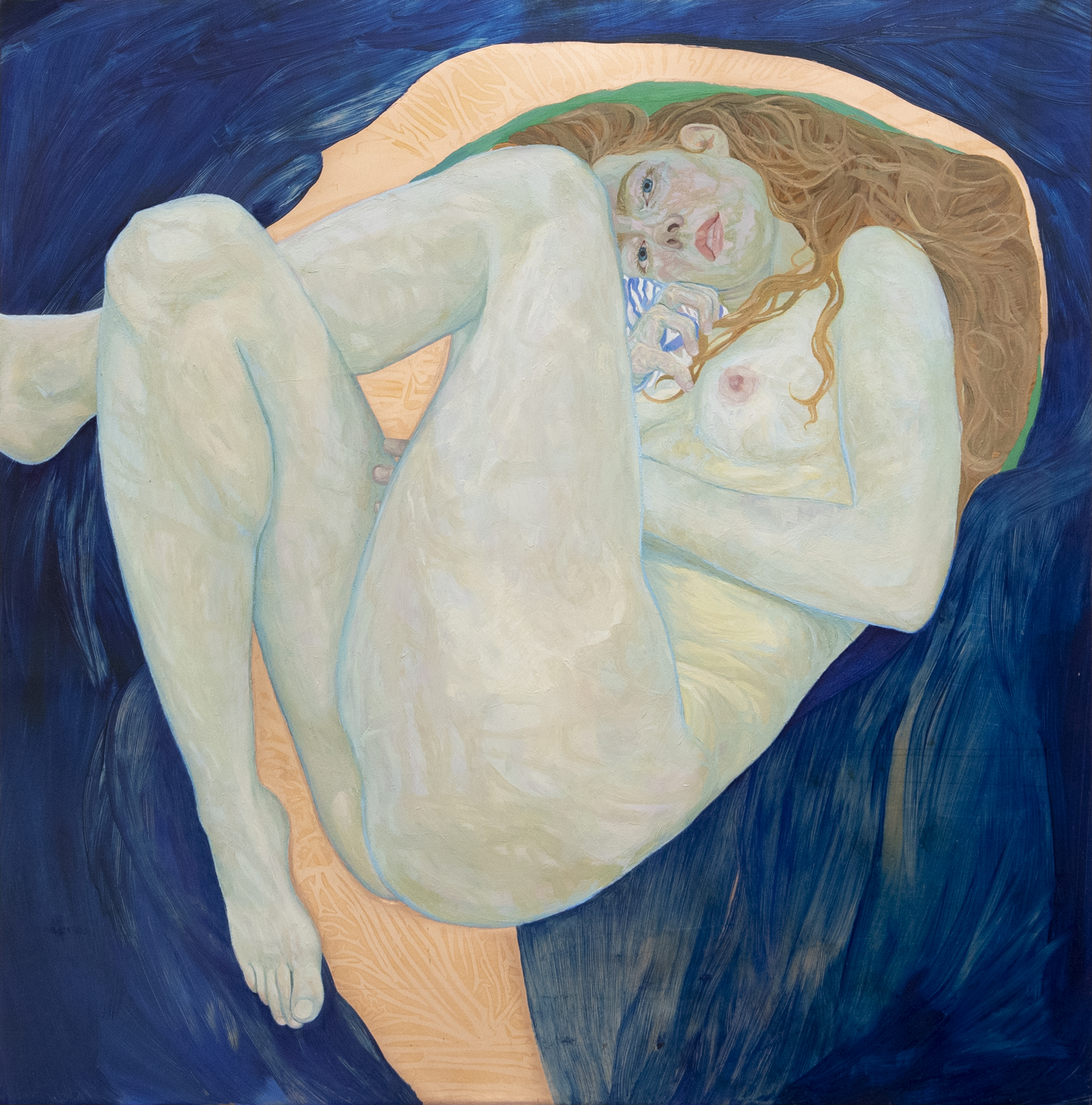 Picture of a self-portrait by Walsh. It depicts her naked and gazing out at the camera, on a gold and blue background