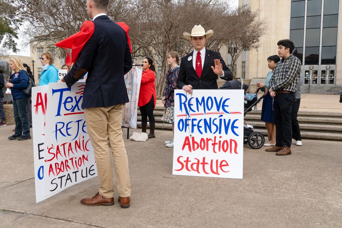 Anti-abortion groups in Texas protested the statue and demanded its removal.