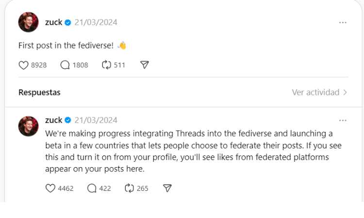 Post of Mark Zuckerberg on Threads about the fediverse