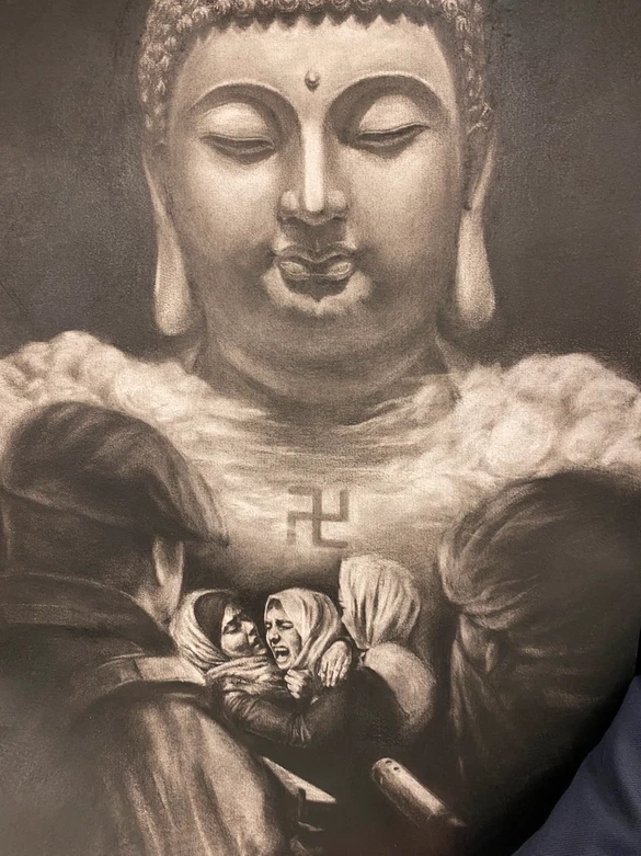 In a piece titled 'Conflict' by Andy, 16, the teenage artist depicts a large Buddha with a swastika over the heads of three screaming women. The artist said in his caption: 