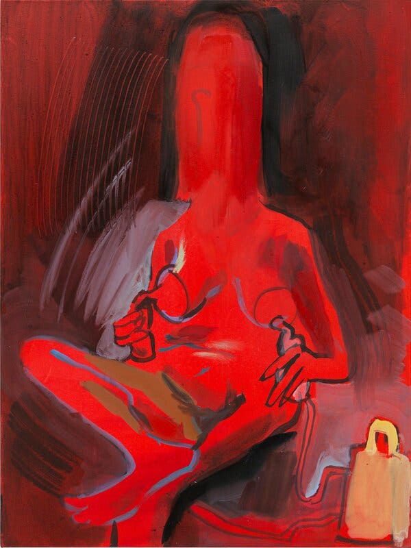 A painting of a nude red woman pumping. Her face is elongated and abstracted.