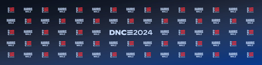 A DNC logo backdrop for the Democratic convention in Chicago.