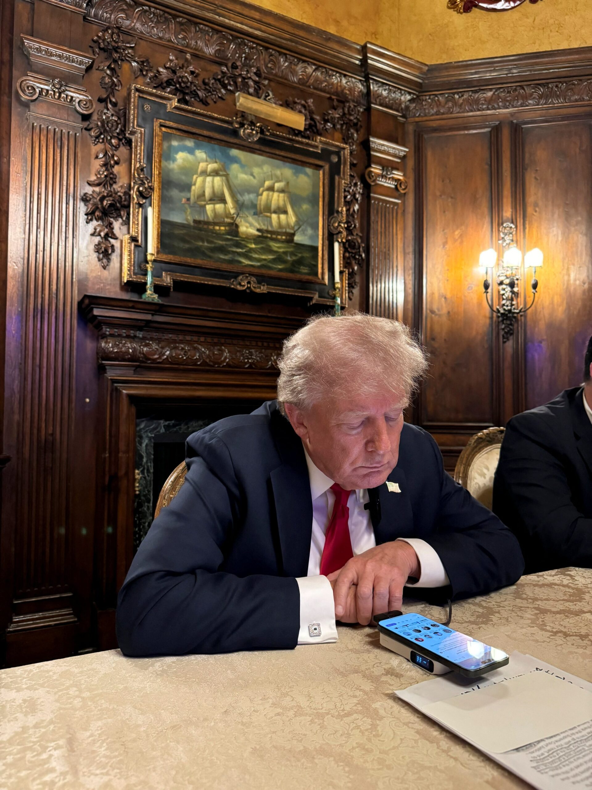 Republican presidential nominee and former U.S. President Donald Trump speaks in an interview with billionaire entrepreneur Elon Musk, at Mar-a-Lago in Palm Beach, Florida, U.S., Aug. 12, 2024. (Reuters Photo)