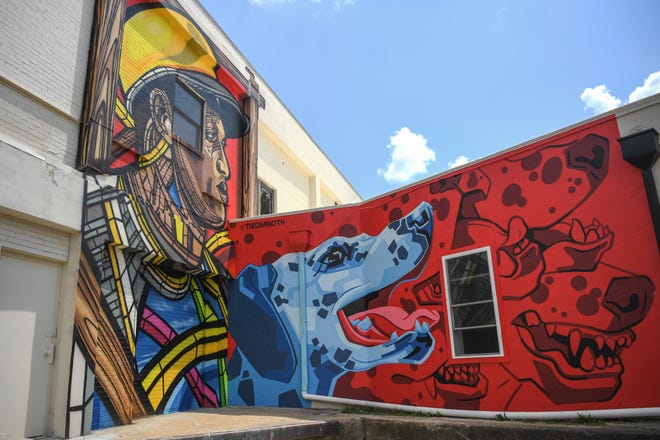 A mural by artist Hannah Webb is part of the KnoxWalls at Emory Place project in Knoxville, Thursday, August 15, 2024. The immersive joint art collaboration from artists based nationwide will open to the public in Knoxville on Friday, Oct. 4.