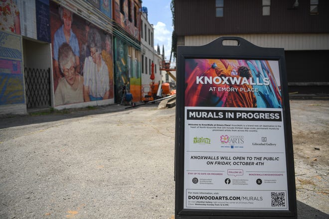 Work is underway for KnoxWalls at Emory Place, an immersive joint art collaboration of artists who have travelled from all over the country to create the outdoor art destination, Knoxville, Thursday, August 15, 2024. Dogwood Arts, Visit Knoxville, and the Lilienthal Gallery are sponsoring the local project; members of the public will be able to view the collaborative artwork on Friday, Oct. 4.