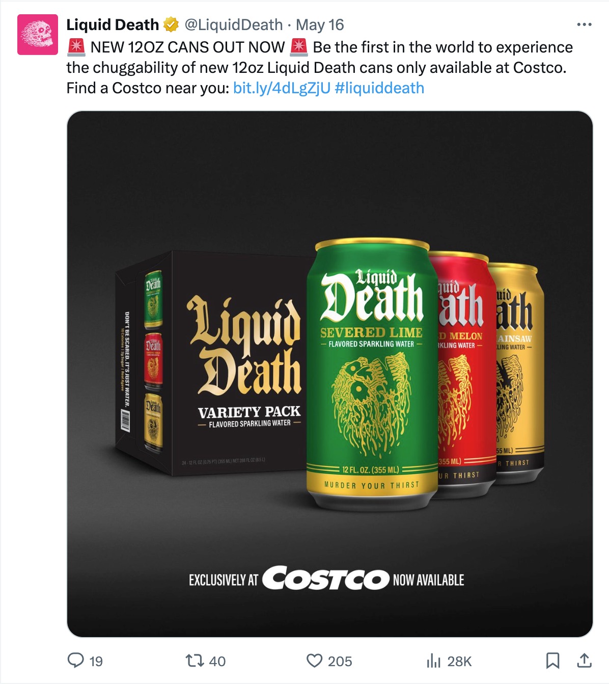 An X post from the canned water brand Liquid Death promoting new products available at Costco. 