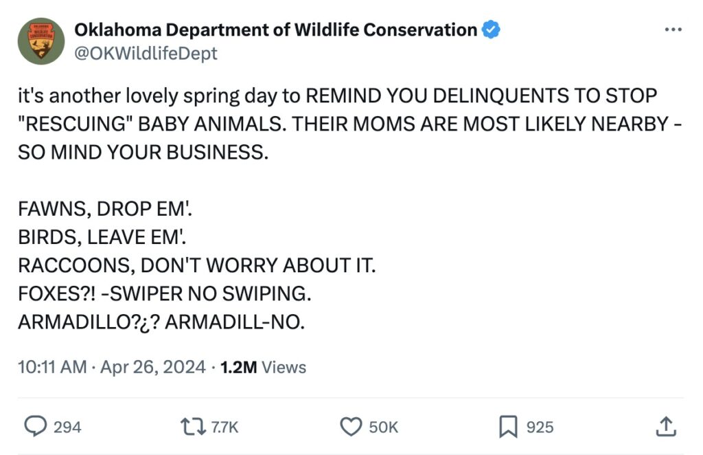 An X post from the Oklahoma Department of Wildlife.