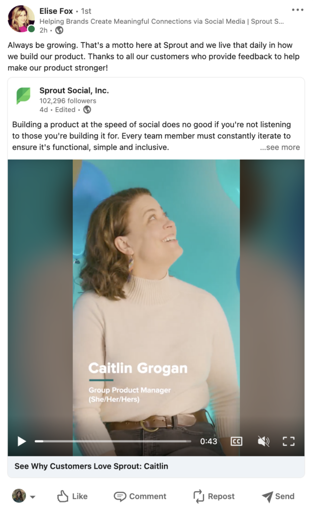 A LinkedIn post from a Sprout Social employee amplifying content from the brand's company page.