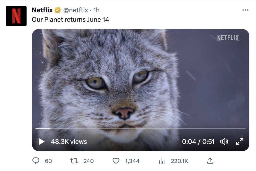 An X post from Netflix promoting the premiere of their wildlife series, Our Planet.