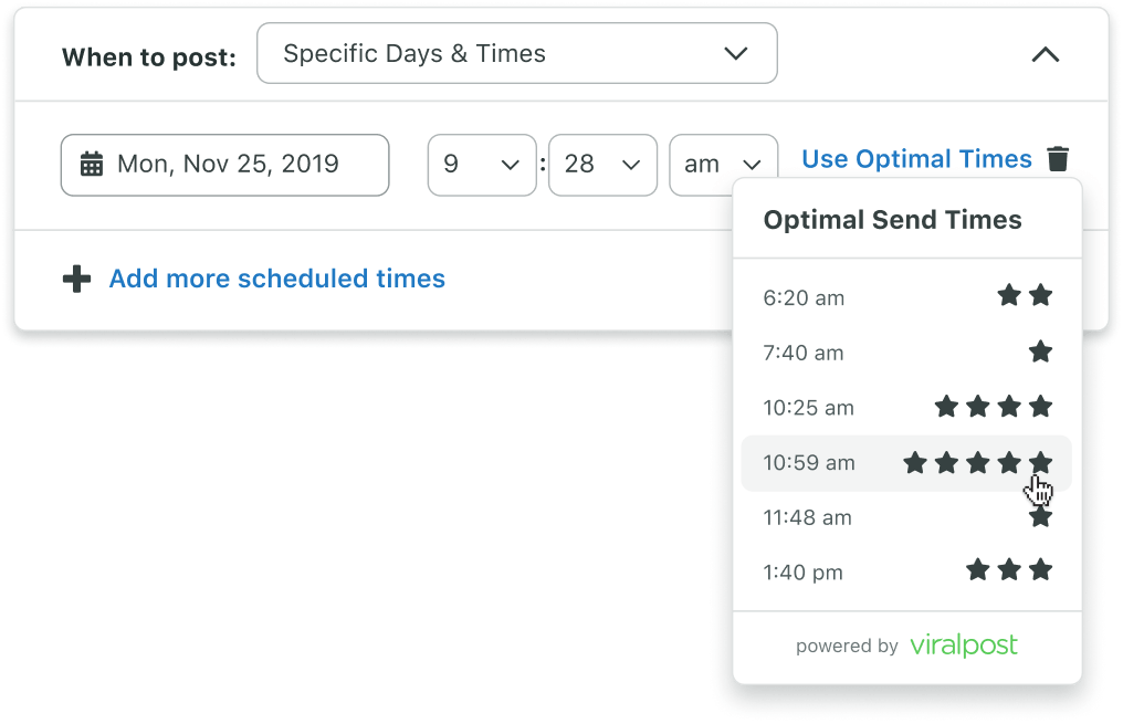 Sprout's Optimal Send Times tool, which suggests the best times to post based on your audience's historical engagement patterns.