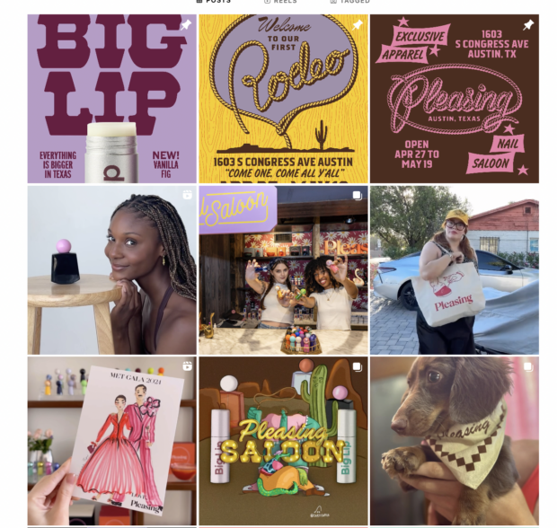 Nail brand Pleasing has a curated instagram feed that creates a cohesive visual content scheme