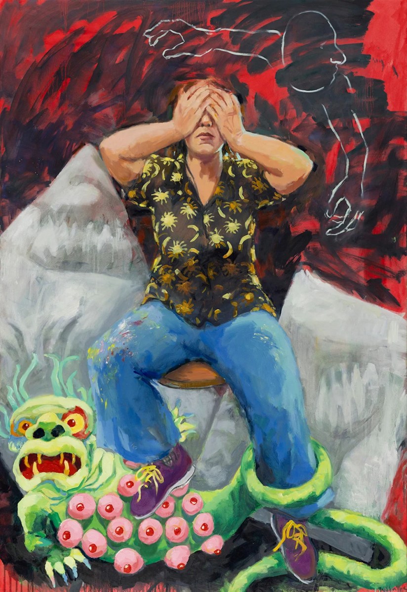 Painting of woman wearing jeans and spotted shirt with hands over face and green monster. Wendy Sharpe.