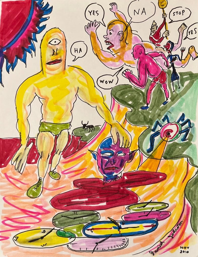 A doodle comic style drawing on paper of a yellow cyclops with text bubbles from a crowd of variously colored figures, found on the Artnet Gallery Network.