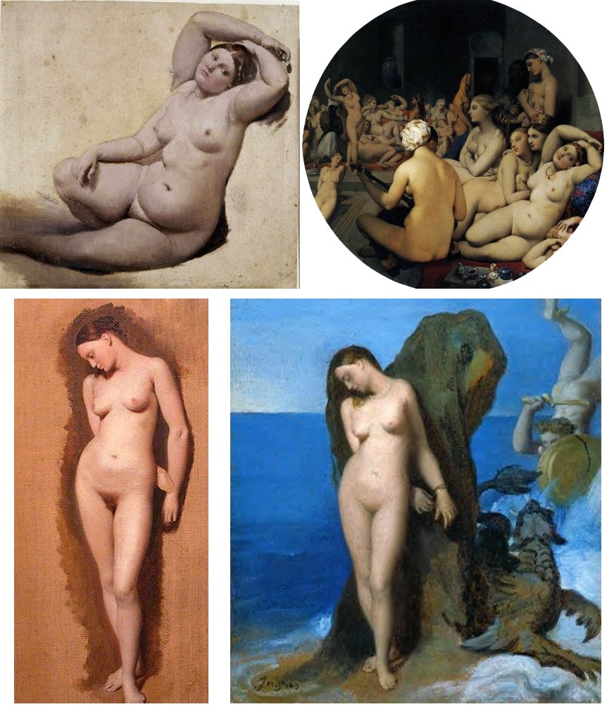 Two images side by side show a sketch of a nude woman with pubes, and the finished artwork of a bathhouse scene, sans pubes. 