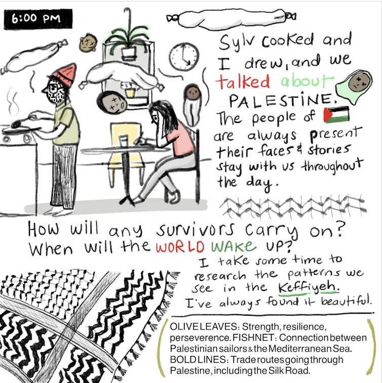 A single panel comic set in a kitchen. A man is cooking at the stove and a woman is sitting leaned over at a table. Handwritten text reads explains that the artist and her family are always thinking about the people in Palestine.