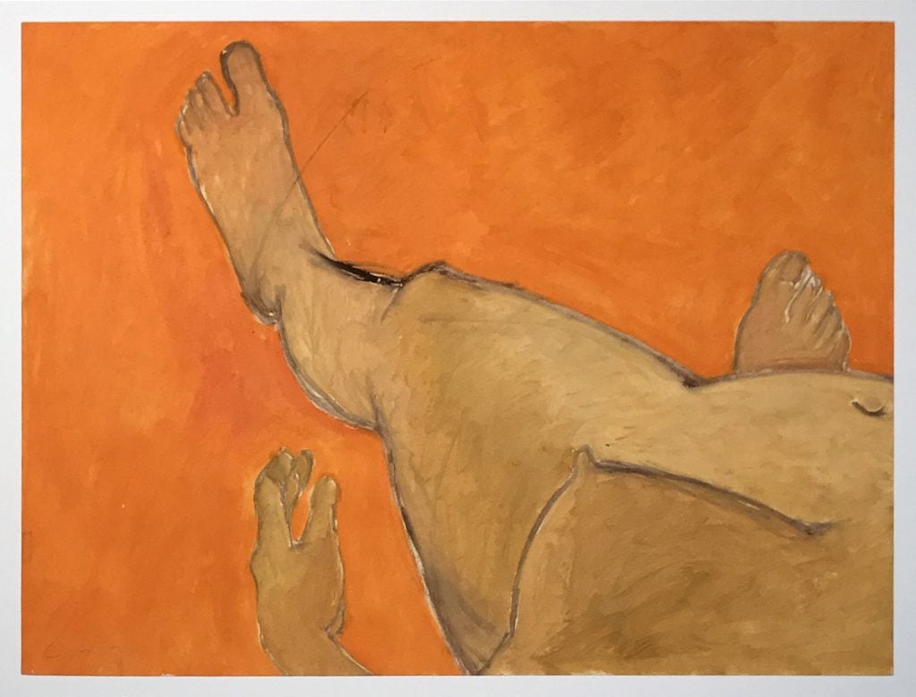 An image of a painting depicting a naked lower stomach and leg from the vantage point of a person looking down at themselves, standing on a plain orange background