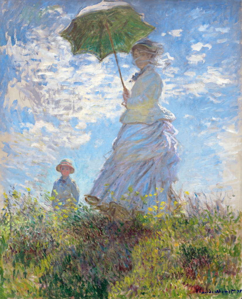 An image of a Monet painting depicting a woman clothed in flowing white holding a parasol over her head amongst a grassy field beneath blue skies with puffy clouds, while a young boy watches on