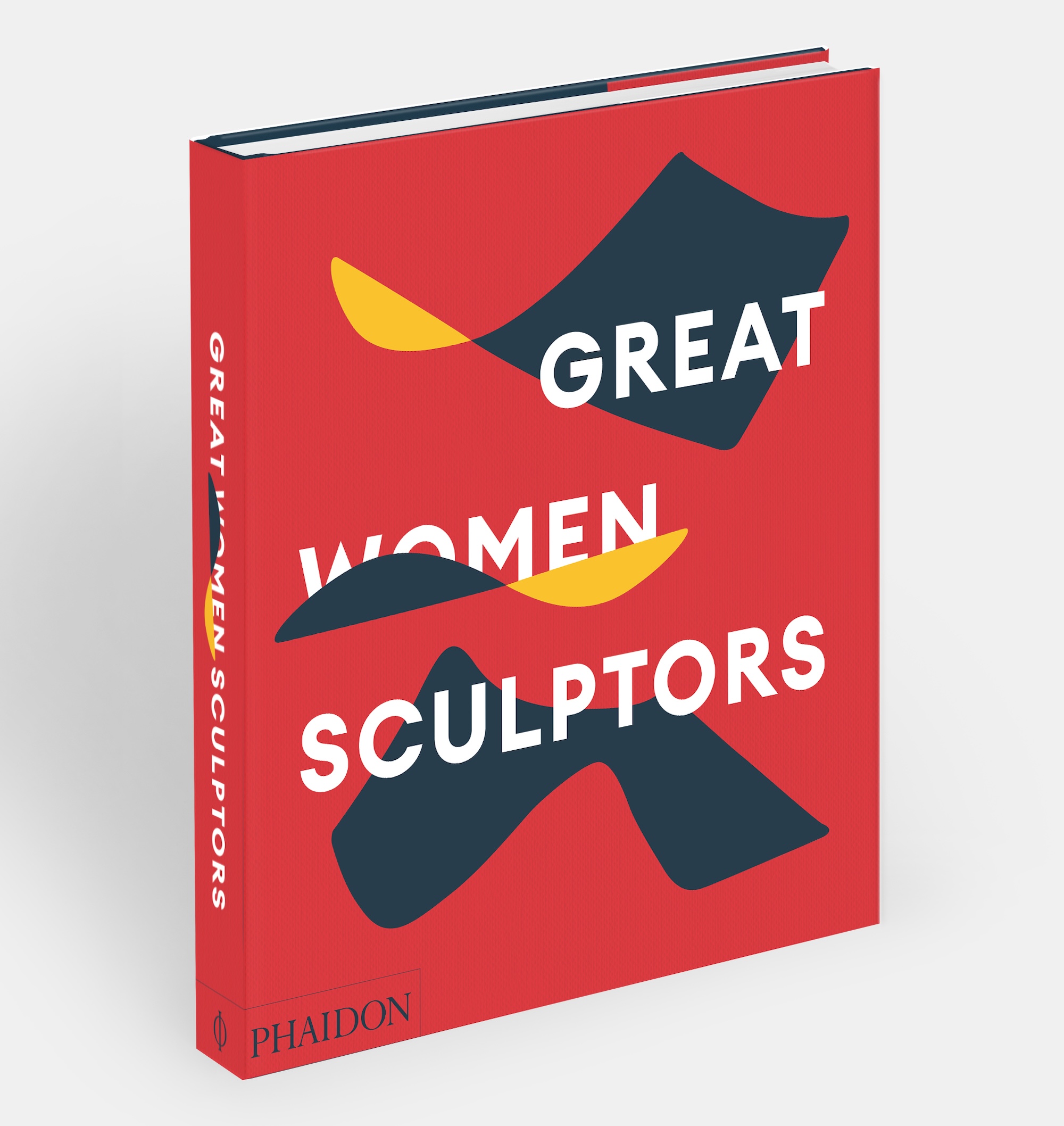 the cover of the book 'Great Women Sculptors' with white text on a red background with abstract blue and yellow shapes