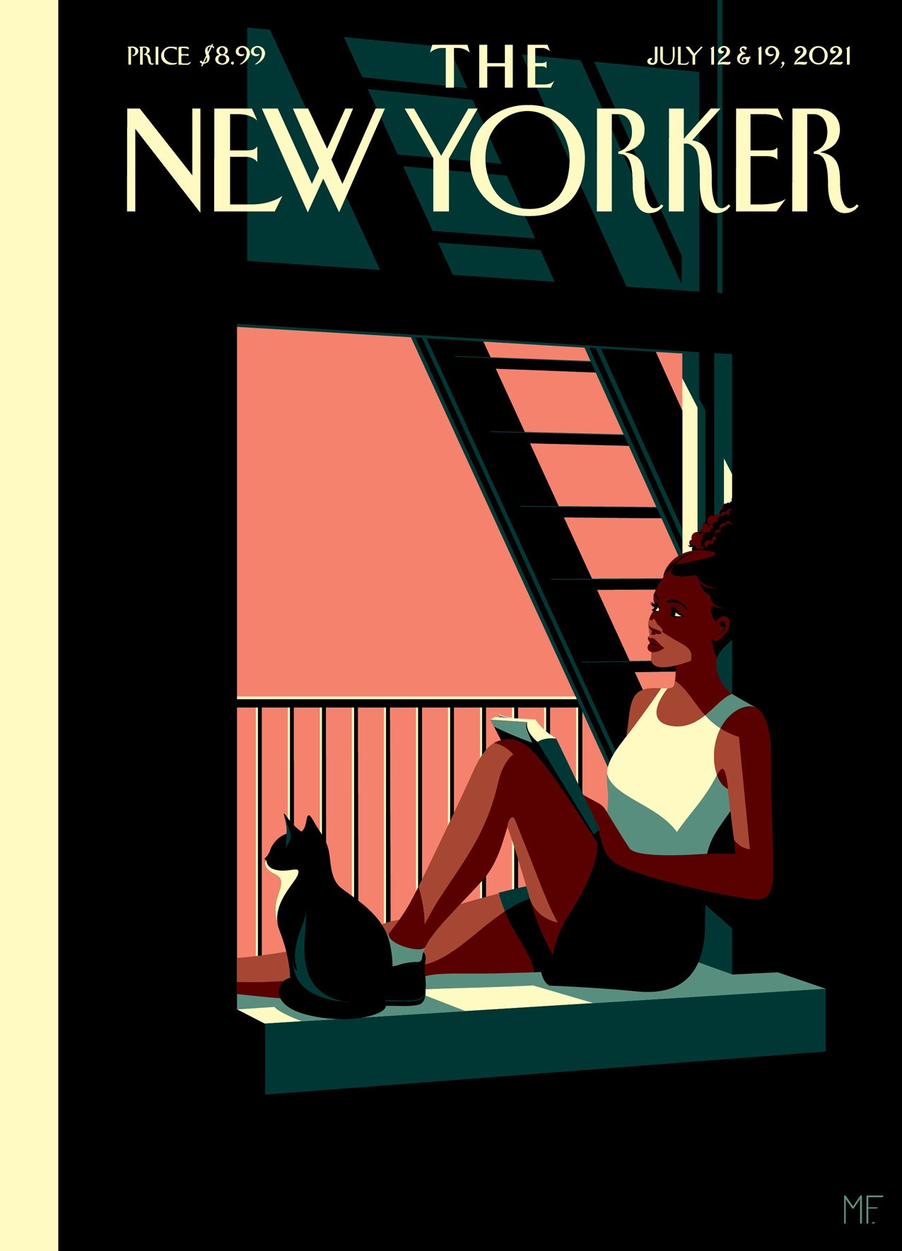 A woman sits by a fire escape and reads next to her cat.