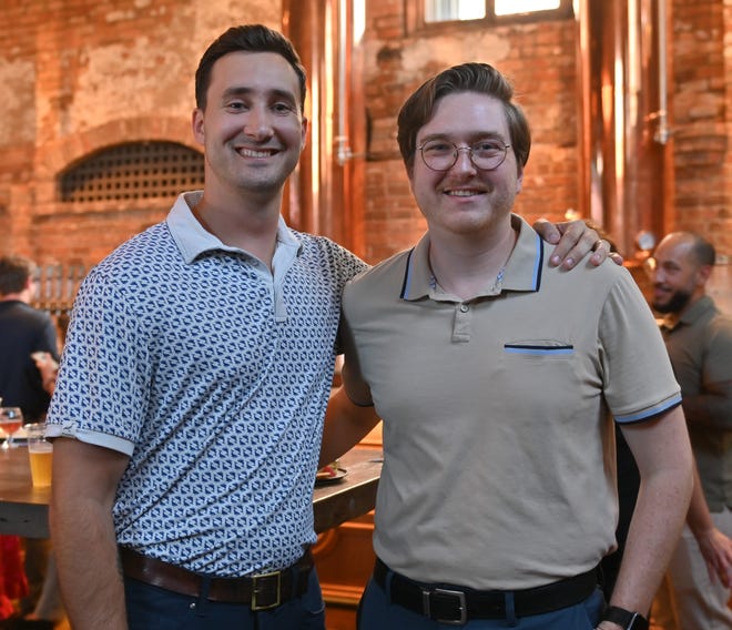 Adam Wirthlin, Alex Roxburgh at the West End Social's networking event at New Realm Brewing Co. in Downtown Greenville. Young professionals in the Greenville area connected with West End business owners and community leaders over delicious food and drink. Partners for the event included RingoFire, TALK Greenville magazine, Modal Coffee & Hostel, Corsica Technologies, Greenville Bike Taxi and Clayton's Deli.