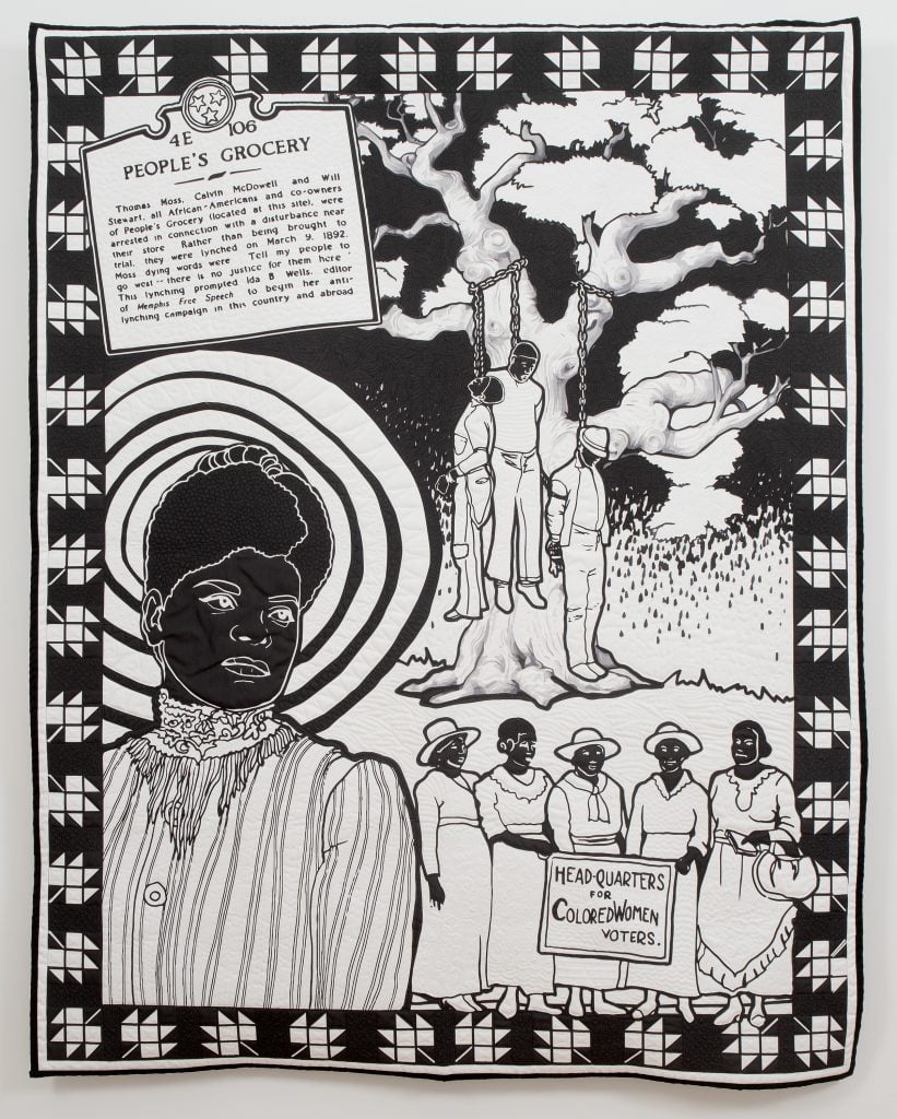 Carolyn Mazloomi, Ida B. Wells: A Crusader for Justice. A black and white art quilt of African American investigative journalist and civil rights activist Ida B. Wells. Behind her in the upper right corner is a small scene of three African American men who have been lynched on a tree. A placard on the top left tells the stories of their deaths, and how it inspired Well's anti-lynching campaign. Next to her is a row of African American women in 19th-century garb standing in front of a sign reading 