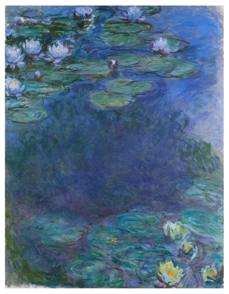 a blue and green painting of water lilies by monet